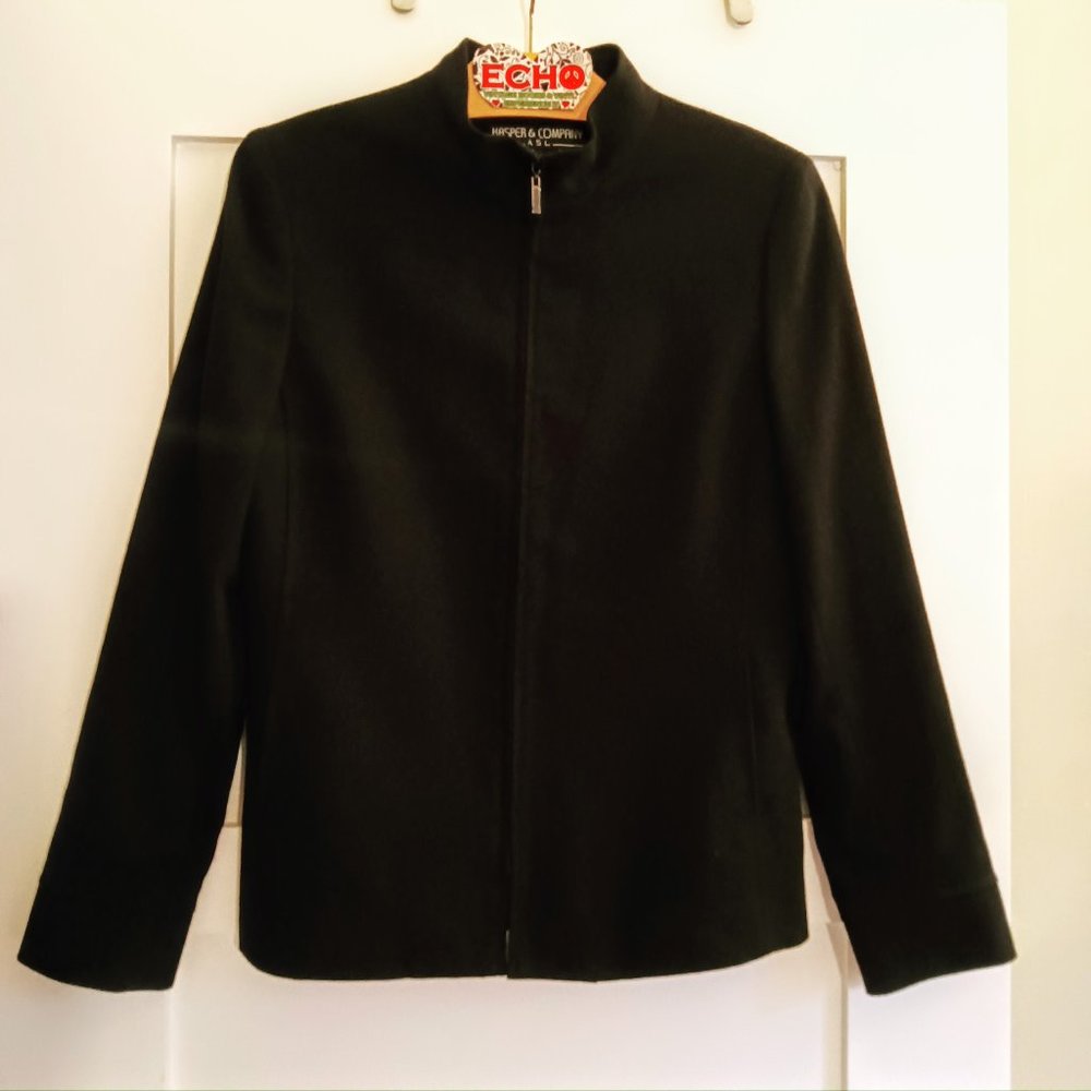 Black Wool Crepe Zip Front Blazer